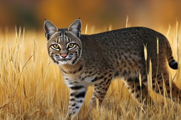 Obraz premium Bobcat roaming gracefully through golden grasses during early morning light in a serene wild landscape filled with natural beauty