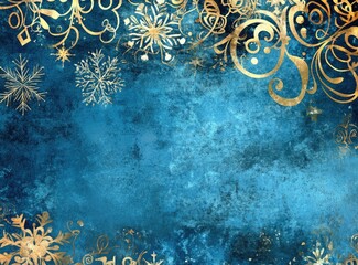 Festive winter border design with gold embellishments on a textured blue background
