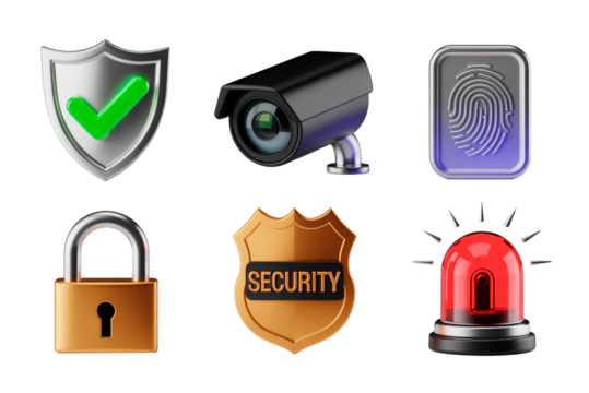 Set of 3d security-related icons showcasing a shield, camera, fingerprint, lock, badge, and alarm on a transparent background