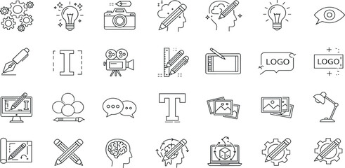 Creative Process Line Editable Icons set. Vector illustration in modern thin line style of design related icons: imagination, tools, areas of creative activity, and more.