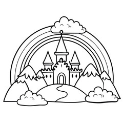Naklejka premium Rainbow Castle Coloring Page: Printable Fantasy Mountain Castle Coloring Page