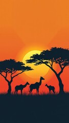 Four giraffes silhouetted against a vibrant orange sunset amidst acacia trees create a peaceful, majestic scene in the African savannah.