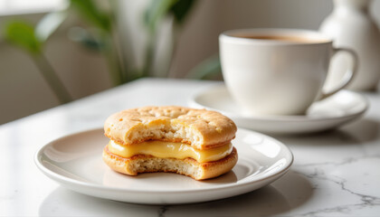 Cream-filled cookie on a plate with coffee cup in background
