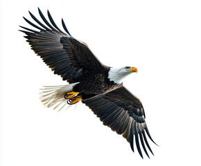Fototapeta premium Majestic bald eagle in mid-flight, wings spread wide against a stark white backdrop