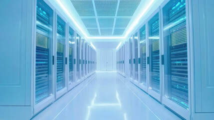 A cool blue data center with servers. Rows of racks create a futuristic vibe