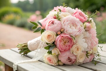 Bridal Bouquet of Peonies and Roses for Spring Celebration Generative AI