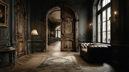 Fototapeta premium Elegant Vintage Interior with Ornate Doors and Warm Lighting