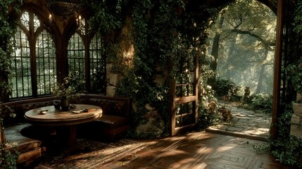 Enchanted Forest Room with Vintage Interior and Sunlit Pathway