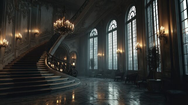 Grand Staircase in Luxurious Interior with Elegant Chandeliers and Ornate Decorations