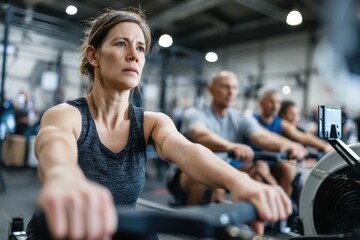 Focused women rowing in gym workout session.