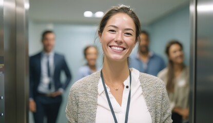 Smiling Asian woman in office elevator with colleagues.