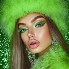 Model showcases vibrant green makeup and luxurious fur attire in a dazzling setting