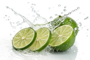Fresh Lime Slices Splash in Clear Water Against a White Background Generative AI