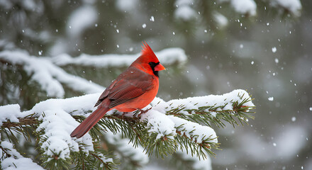 Northern Cardinal Red Bird Sitting on Snowy Pine Branch During Winter Snowfall