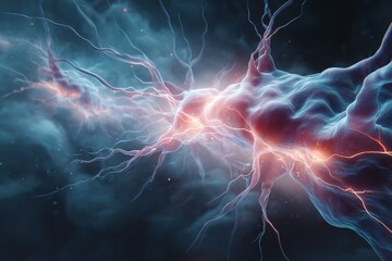 Dynamic neural network representation showcasing electrical activity in a brain-like structure with vivid colors and ethereal atmosphere