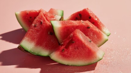 Juicy watermelon slices on a pink background.