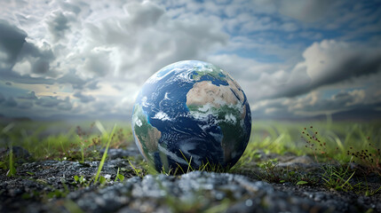 Earth globe resting on rocky ground with grass and cloudy sky in the background landscape view