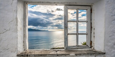 Window overlooking the sea, watercolor clipart illustration with isolated background.