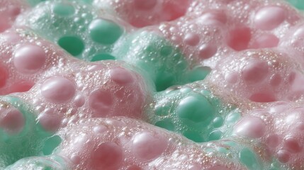 Obraz premium Close-up of colorful pink and green soap bubbles with shiny texture