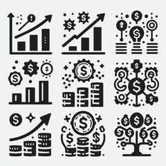 Business strategy, business plan, mission vision, growth chart, profit analysis, market research, goal setting sales funnel SWOT analysis strategic thinking roadmap financial goal icon set