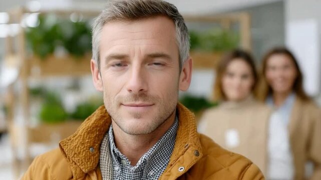 Stylish Confidence: A distinguished man with a warm, welcoming smile exudes confidence as he stands, portraying a sense of assurance in a vibrant, sunlit setting.