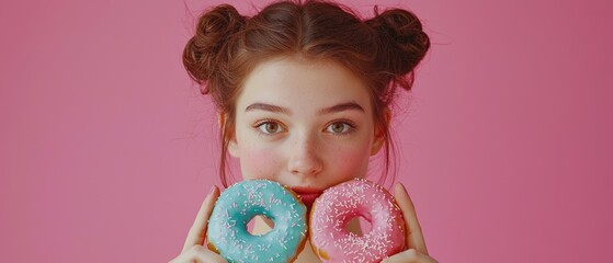 Young woman in buns holding turquoise and pink donuts against pink background