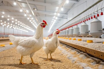 White Chickens in a Modern Poultry Barn During Daylight Generative AI
