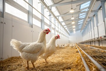 White Chickens in Modern Poultry Barn at Gigapixel Scale Generative AI