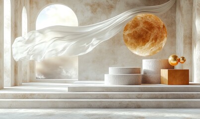 Elegant, modern interior scene with draped fabric and geometric forms.