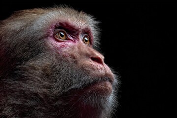 Naklejka premium Close-up of a monkey's contemplative gaze against a dark background.
