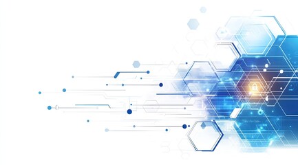 Abstract digital technology background with glowing hexagonal shapes and lines.  Dynamic and futuristic design with light blue elements on a white background