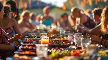 A long table filled with food and drinks surrounded by people at an outdoor gathering in summer light