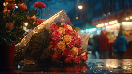 Colorful roses in a bouquet on a rainy evening at a busy flower market
