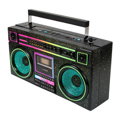 Obraz premium airbrushed black and neon glitter boombox, 90s vibes, isolated png transparent background