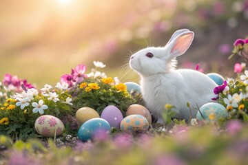 White Easter Bunny Nestled in Colorful Flowers and Eggs Generative AI