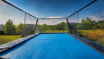 a blue trampoline adorned with a safety net inviting high flying fun and joyous bounces