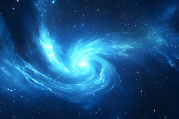 A swirling blue galaxy with stars against a dark background.