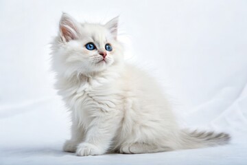 White Kitten With Blue Eyes Poses on a Bright Background Generative AI