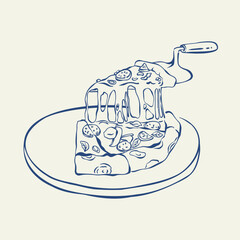 Pizza slices on plate and on pizza spatula hand drawn ink sketch. Italian food for menu, card, poster, packaging. Pizza slice with salami, tomatoes, melted cheese, basil. Vector line art illustration.