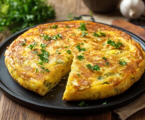 Spanish tortilla or Spanish omelette on the kitchen table