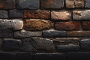 Textured stone wall with varying shades and shapes in a rustic setting during evening light