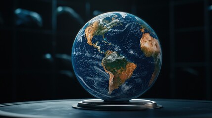 A realistic globe of Earth sits on a table, displaying continents and oceans with vivid detail against a dark background.