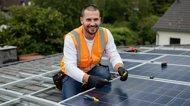 A smiling Confident engineer wearing orange suit installing a solar plant on a rooftop.