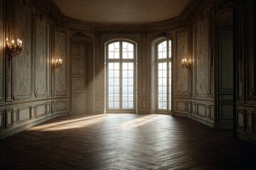 Empty room with large windows and light streaming in, ornate wall paneling.