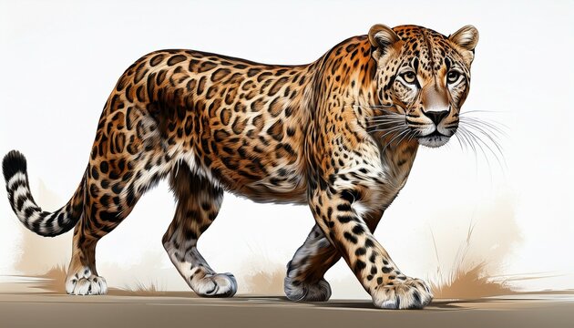 walking leopard in realistic detail on white background