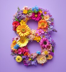 Vibrant floral arrangement shaped like the number eight on a soft lavender background