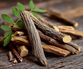 Licorice root on a wooden surface, treatment of poisoning