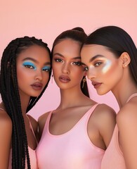 Three models showcase vibrant makeup in soft pastel hues against a pink backdrop during a creative photoshoot with artistic flair
