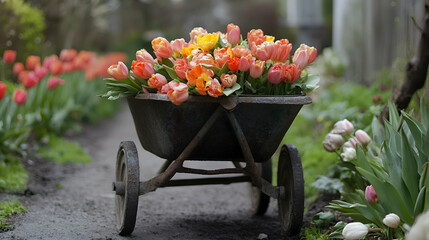 A rustic wheelbarrow filled with fresh flowers, placed beside a garden path lined with tulips