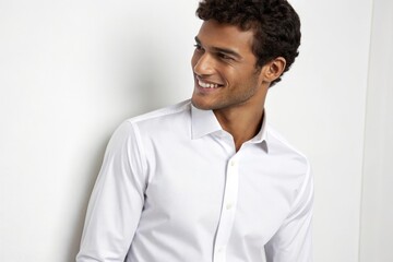 Young Brazilian Man Smiling in White Dress Shirt Against Wall Generative AI